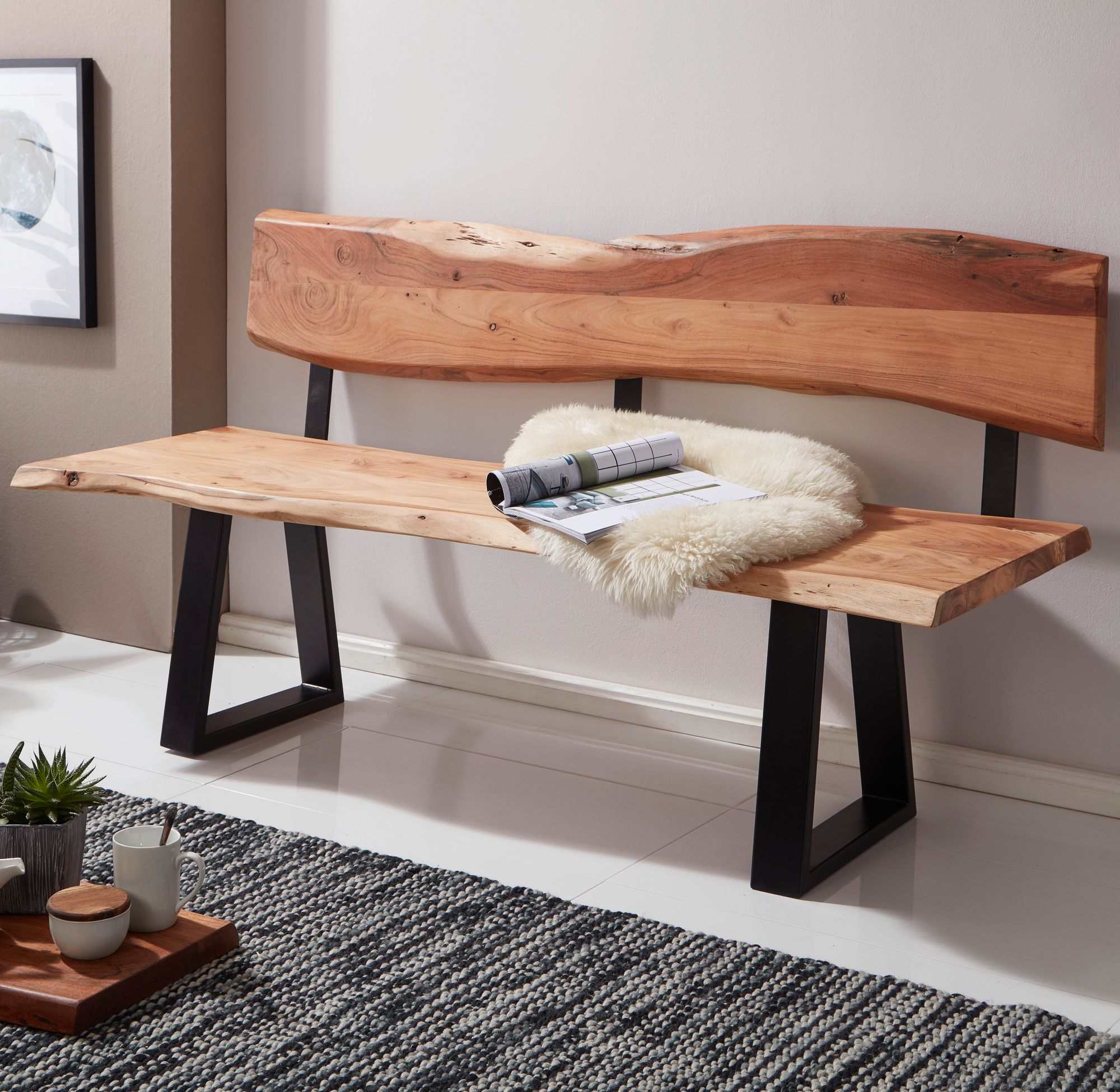 FineBuy Esszimmerbank TREE 180cm Essbank mit Lehne Baumkante Sitzbank Bank Holz – Ansicht 1