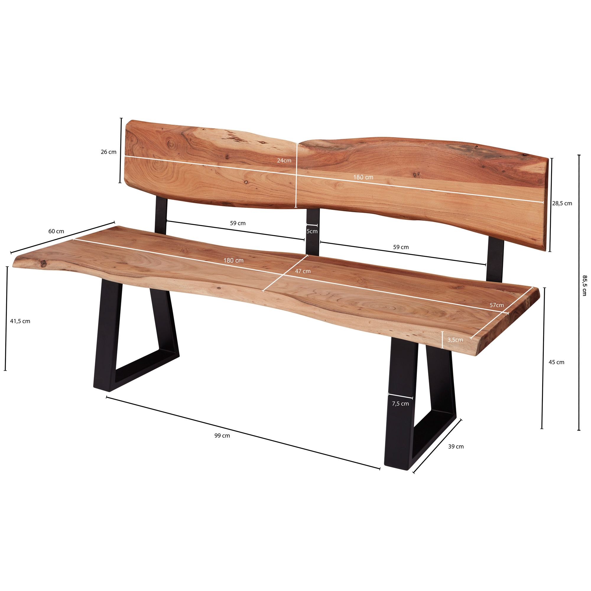FineBuy Esszimmerbank TREE 180cm Essbank mit Lehne Baumkante Sitzbank Bank Holz – Ansicht 3