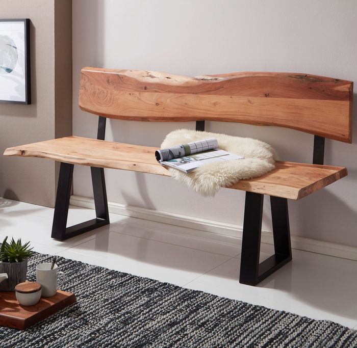 FineBuy Esszimmerbank TREE 180x85,5x60 cm Akazie Massivholz Bank mit Baumkante, Sitzbank Holzbank mit Lehne, Küchenbank Essbank Holz Landhausstil, Baumstamm Küchensitzbank 4 Sitzer Massiv 4250950286801
