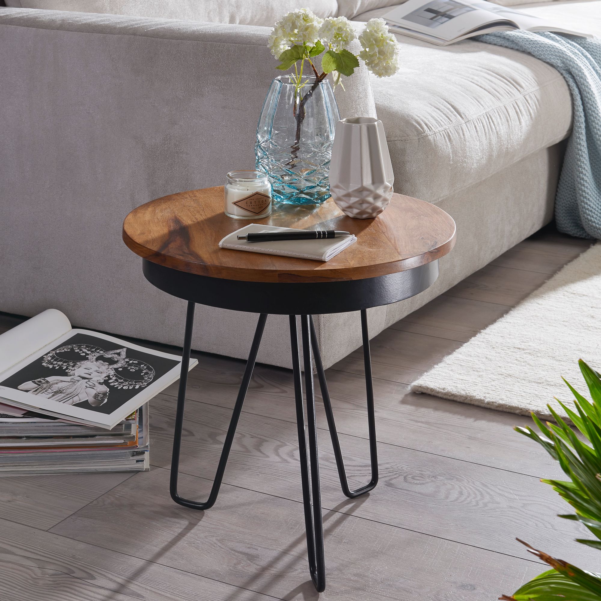 FineBuy Beistelltisch Ø43 Sheesham Massivholz Couchtisch Metall Wohnzimmertisch – Ansicht 1