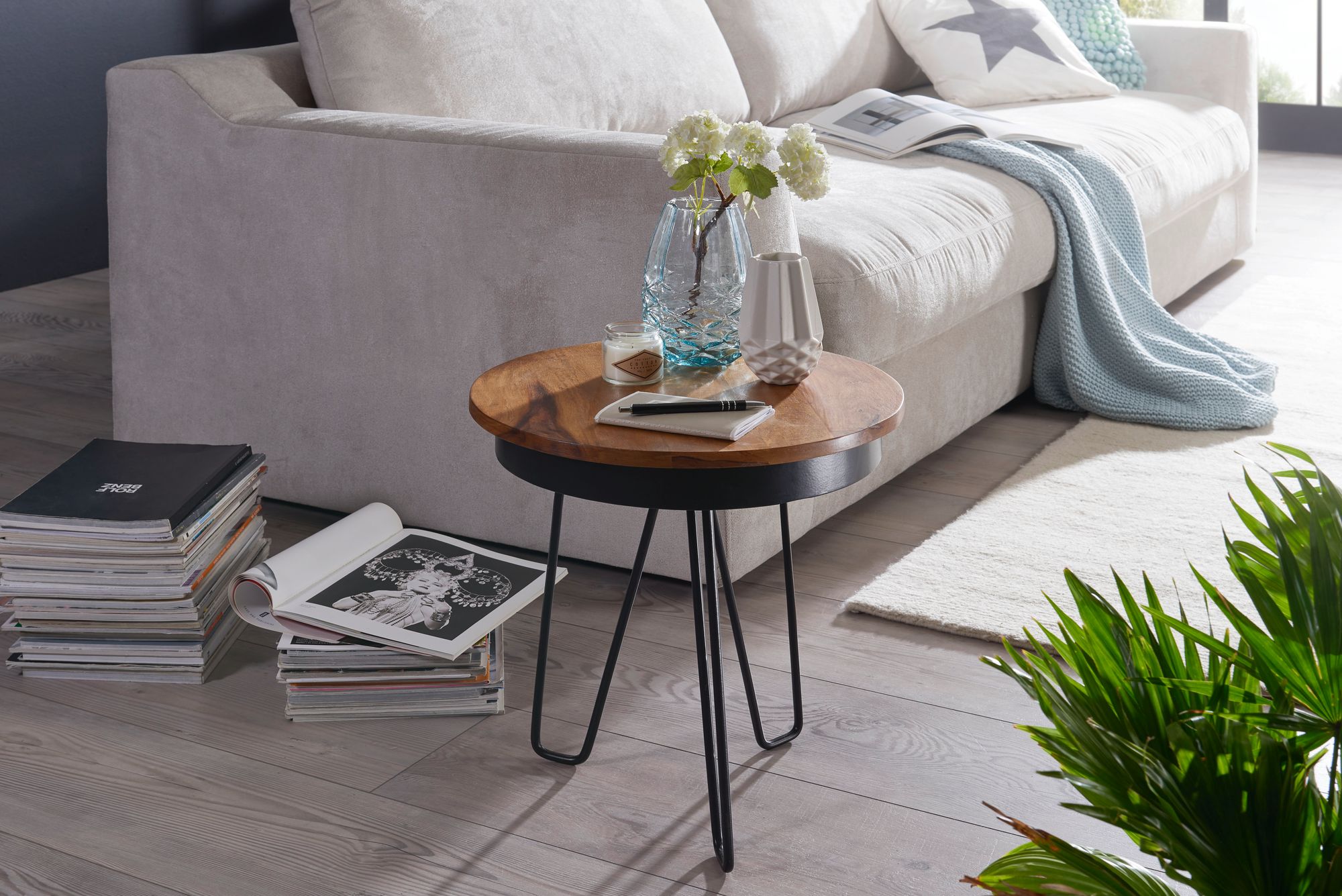 FineBuy Beistelltisch Ø43 Sheesham Massivholz Couchtisch Metall Wohnzimmertisch – Ansicht 3