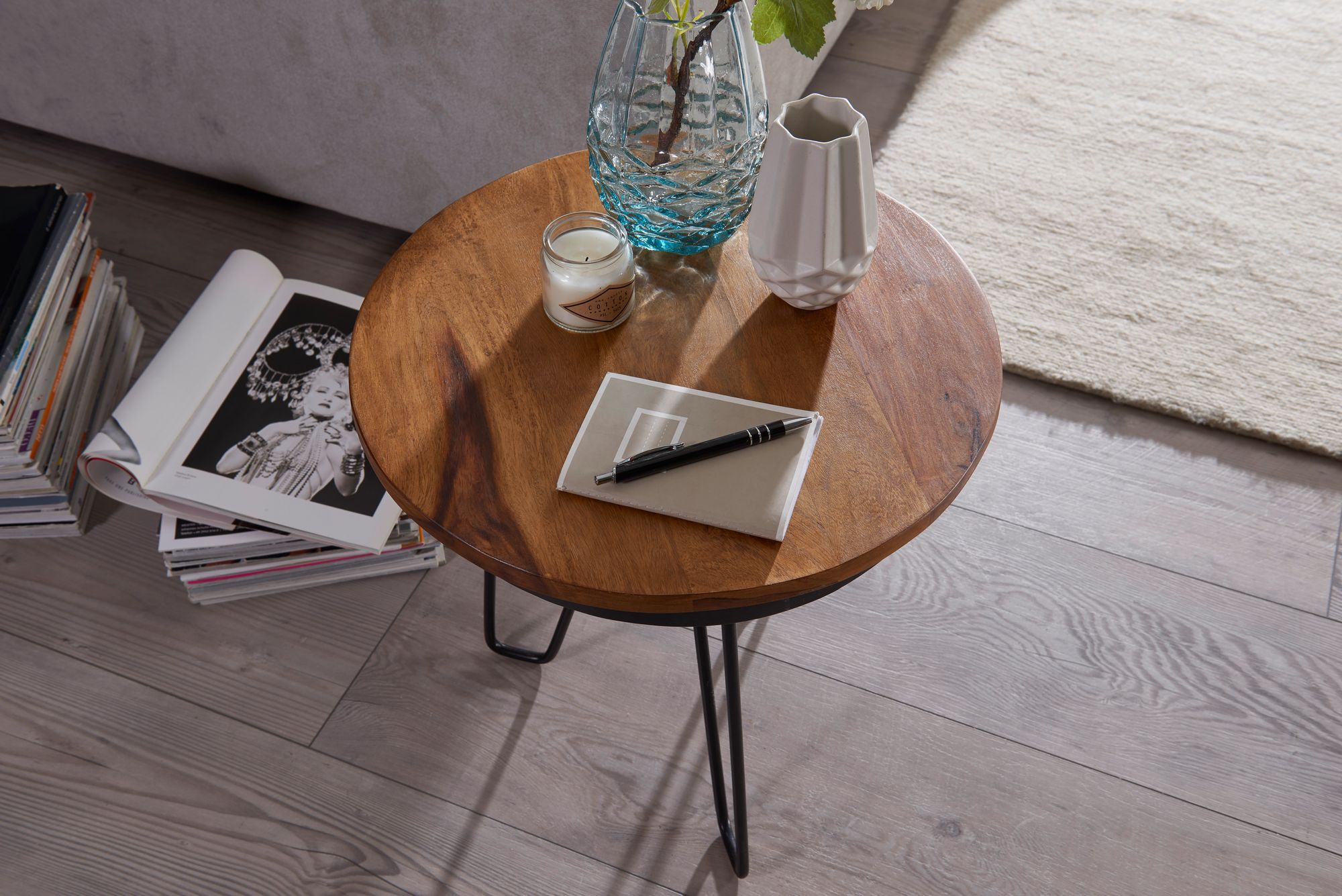 FineBuy Beistelltisch Ø43 Sheesham Massivholz Couchtisch Metall Wohnzimmertisch – Ansicht 4