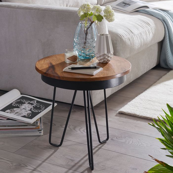 FineBuy Industrial Beistelltisch Ø43 x 45 cm Rund Sheesham Massivholz mit Metall Gestell, Kleiner Wohnzimmertisch Echtholz, Couchtisch Sofatisch