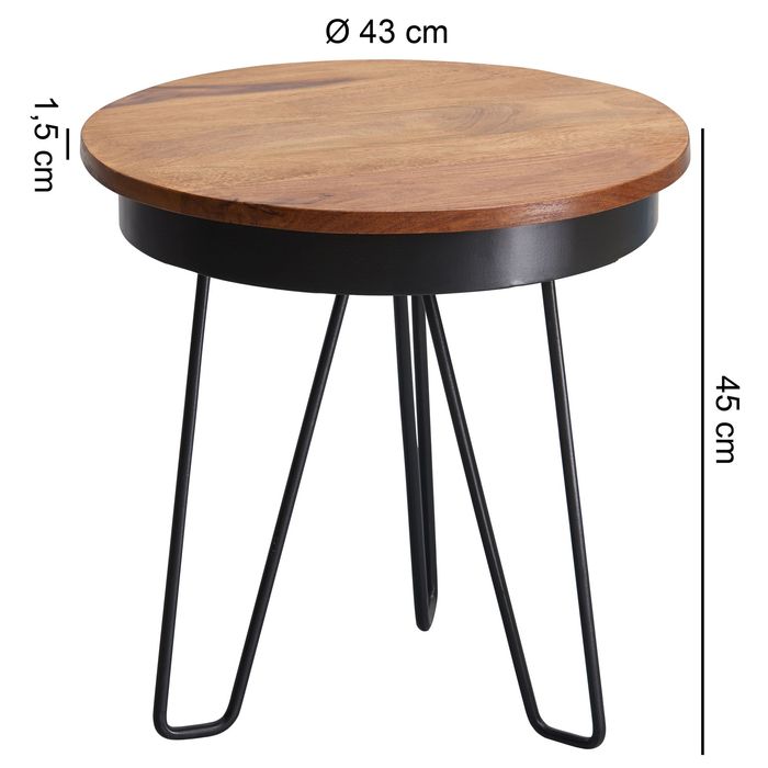 FineBuy Industrial Beistelltisch Ø43 x 45 cm Rund Sheesham Massivholz mit Metall Gestell, Kleiner Wohnzimmertisch Echtholz, Couchtisch Sofatisch