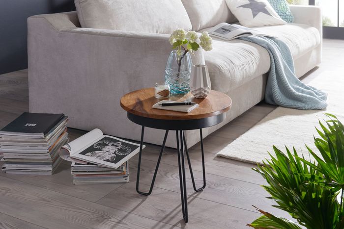 FineBuy Beistelltisch Ø43 Sheesham Massivholz Couchtisch Metall Wohnzimmertisch – Maßzeichnung