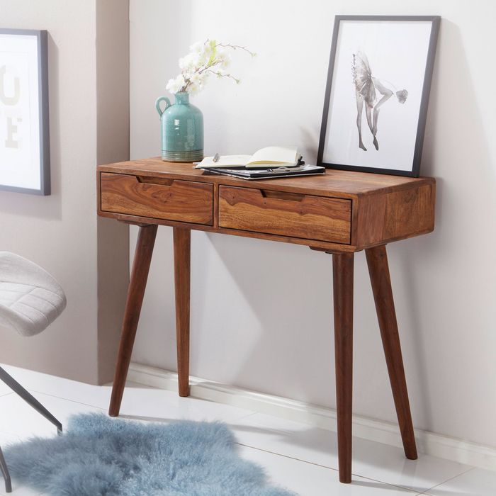 FineBuy Konsolentisch FB51402 90 x 76 x 36 cm Sheesham Massivholz mit Schubladen, Design Holz Anrichte Konsole massiv, Kleiner Landhaus Schreibtisch Flurtisch, Schminktisch Ablagetisch Natur 4250950287020