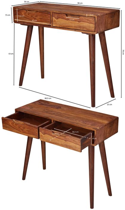 FineBuy Konsolentisch FB51402 90cm Anrichte Schreibtisch Schminktisch Massivholz – Maßzeichnung
