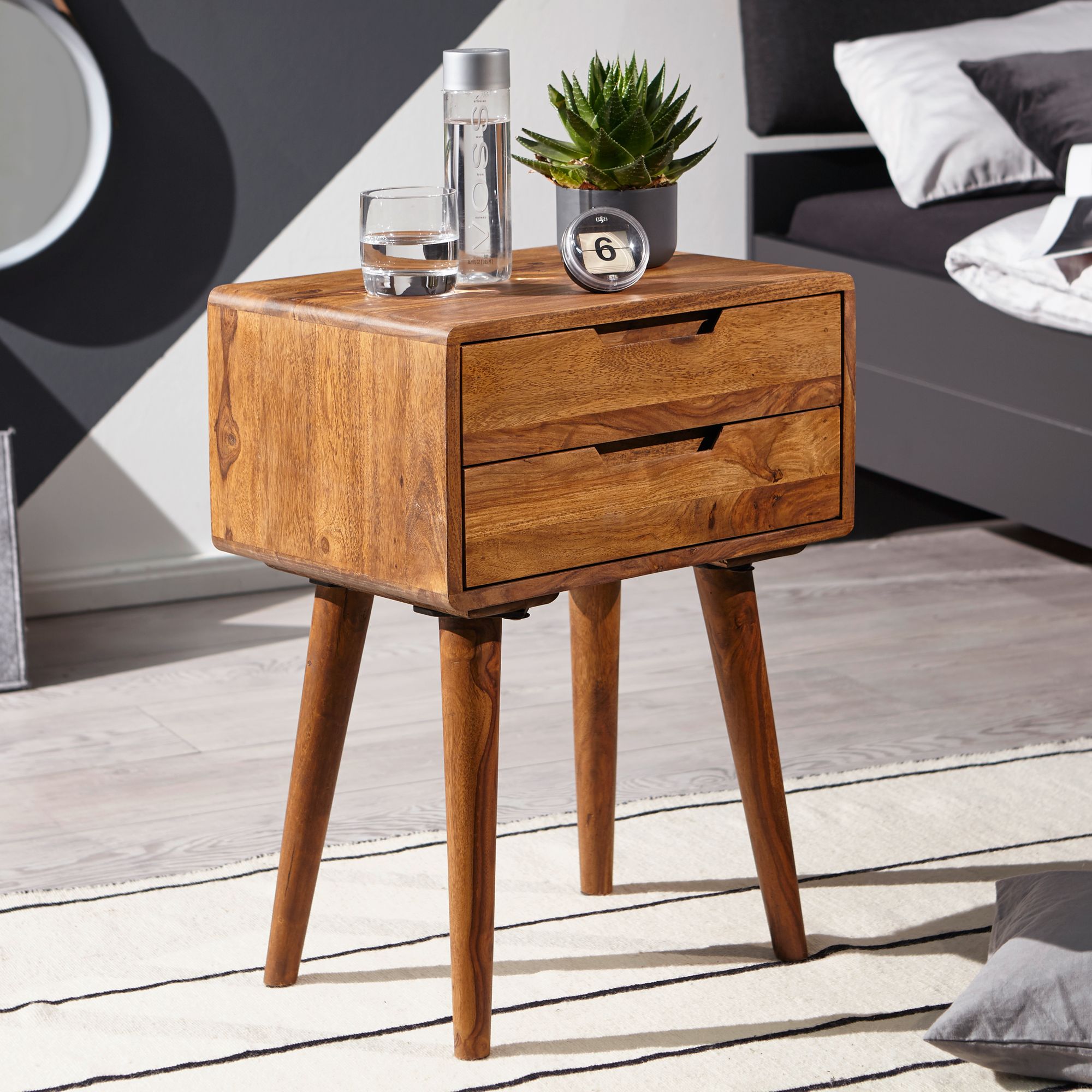 Nachttisch Sheesham Massivholz 2 Schubladen Nachtkästchen Nachtkonsole Retro – Ansicht 1