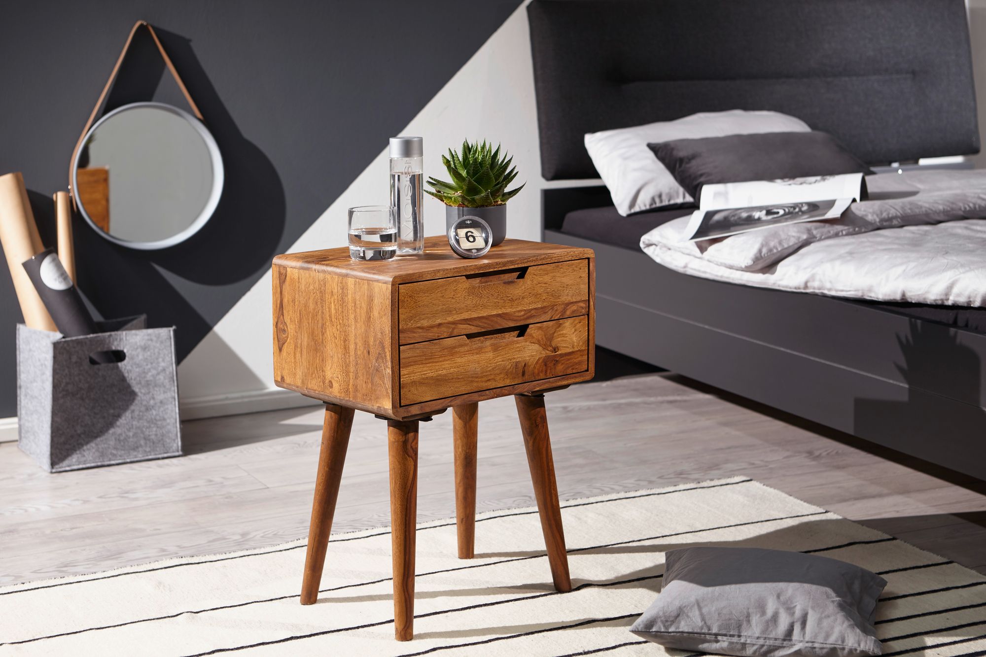 Nachttisch Sheesham Massivholz 2 Schubladen Nachtkästchen Nachtkonsole Retro – Ansicht 2