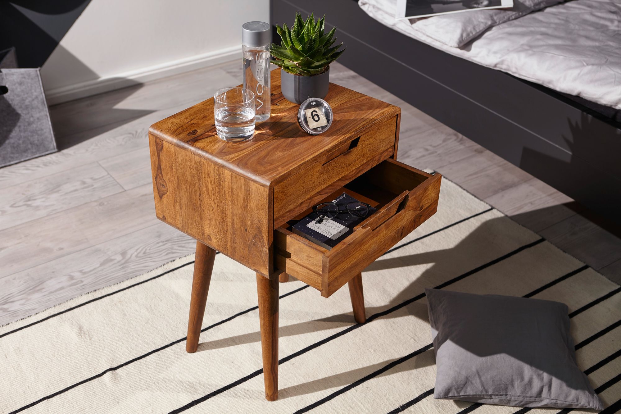 Nachttisch Sheesham Massivholz 2 Schubladen Nachtkästchen Nachtkonsole Retro – Ansicht 4