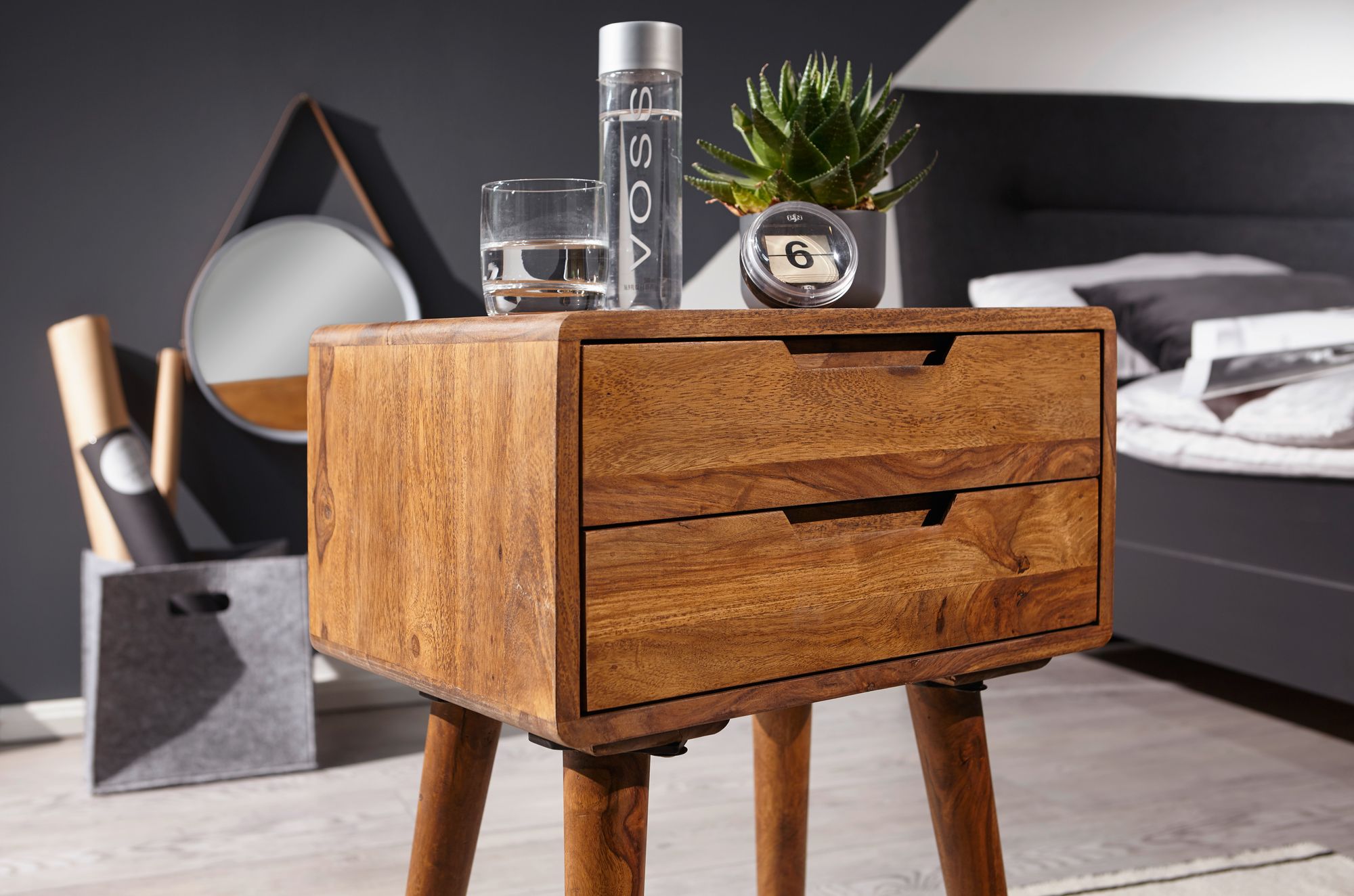 Nachttisch Sheesham Massivholz 2 Schubladen Nachtkästchen Nachtkonsole Retro – Ansicht 5
