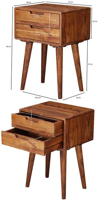 Nachttisch Sheesham Massivholz 2 Schubladen Nachtkästchen Nachtkonsole Retro – Maßzeichnung