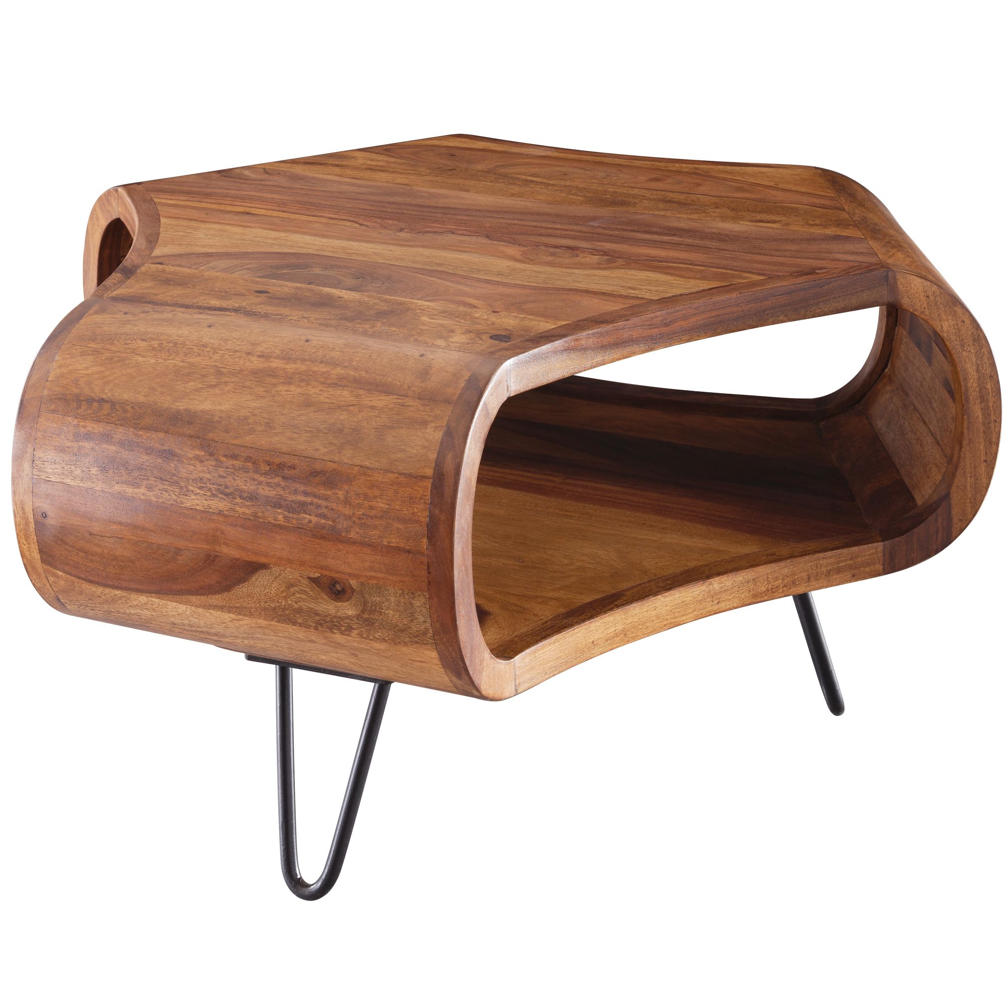 FineBuy Couchtisch Sheesham Massivholz 55x55x38 cm – Wohnzimmertisch mit Ablagefach und Metallbeinen | Design Tisch in Handarbeit | Retro Stil aus echtem Massivholz | Farbe: Braun