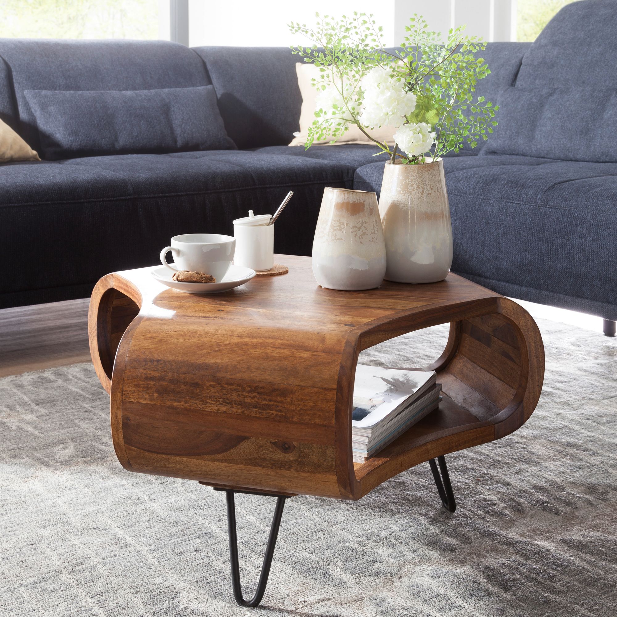 FineBuy Couchtisch Sheesham 55cm Massivholz Wohnzimmertisch Retro Metallbeine – Ansicht 1