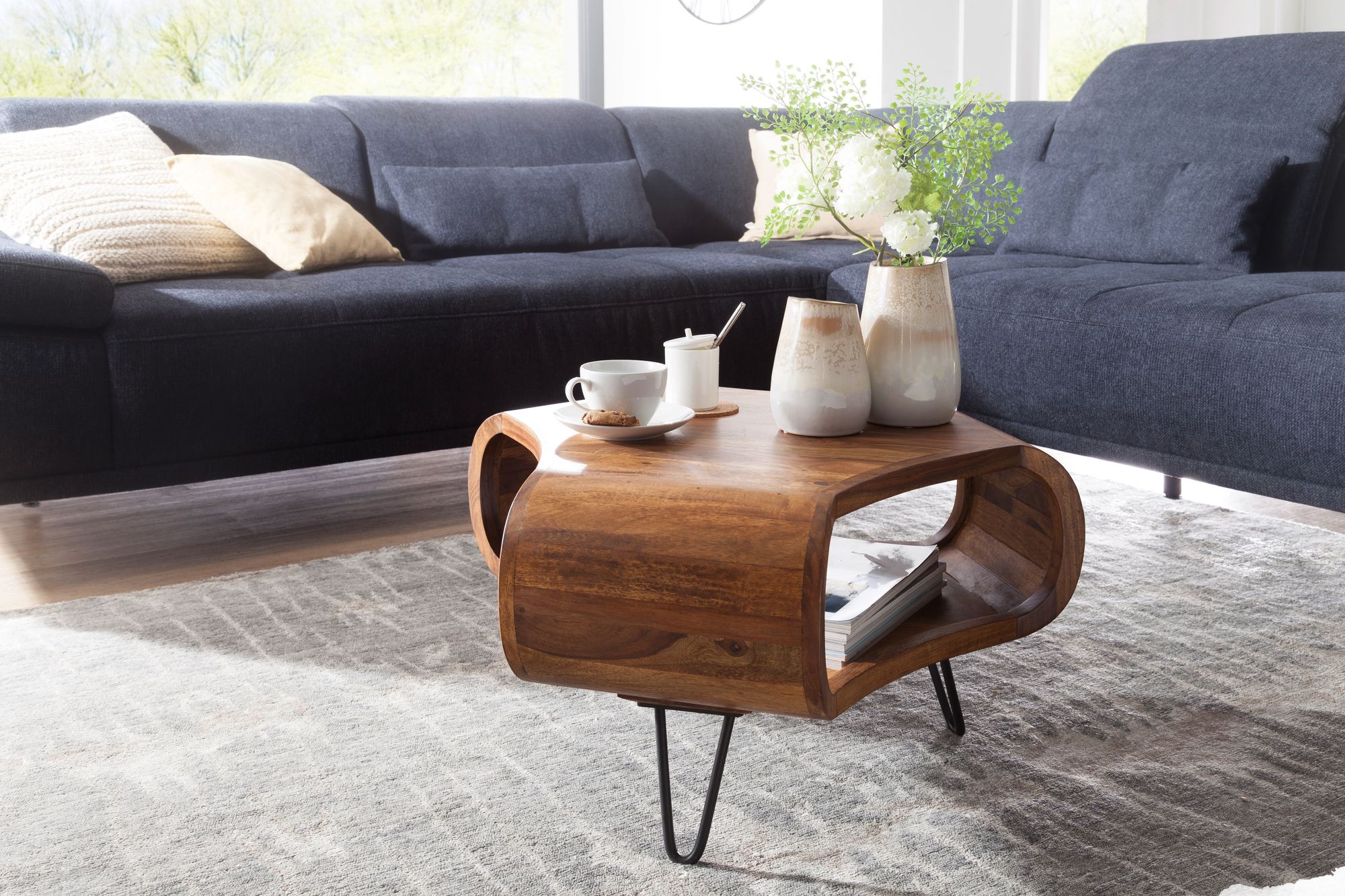 FineBuy Couchtisch Sheesham 55cm Massivholz Wohnzimmertisch Retro Metallbeine – Ansicht 2