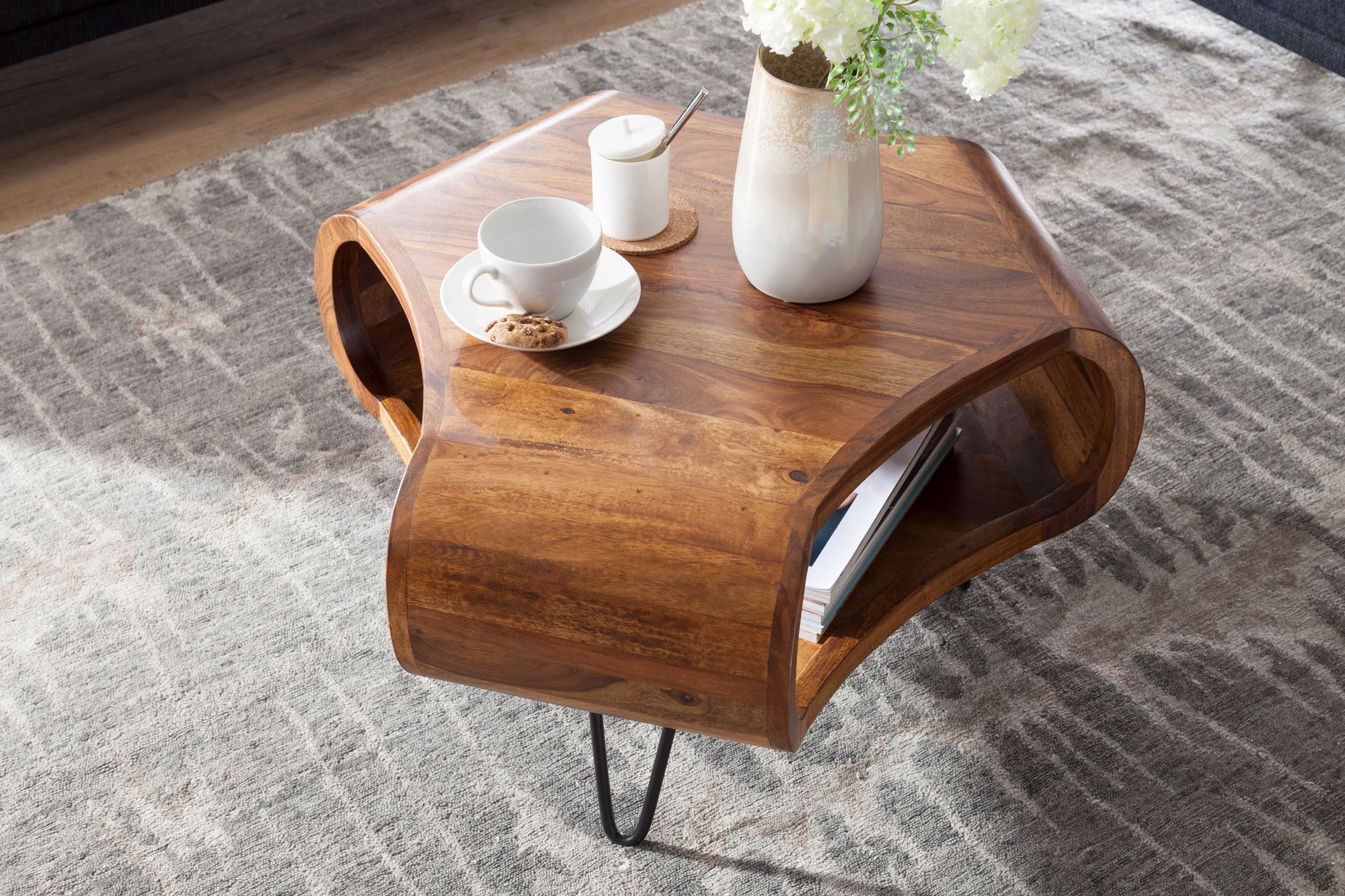 FineBuy Couchtisch Sheesham 55cm Massivholz Wohnzimmertisch Retro Metallbeine – Ansicht 4
