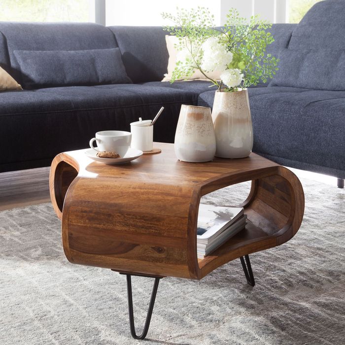 FineBuy Couchtisch FB51410 Sheesham massiv Holz 55 x 55 x 38 cm Ablage & Metallgestell, Retro Wohnzimmertisch Massivholz braun, Sofatisch modern Holztisch, Tisch mit Fach Wohnzimmer 4250950287099