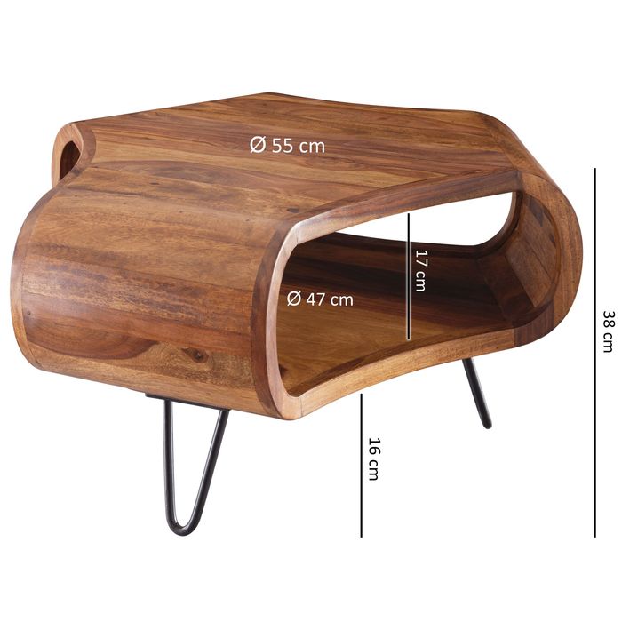 FineBuy Couchtisch Sheesham 55cm Massivholz Wohnzimmertisch Retro Metallbeine – Maßzeichnung