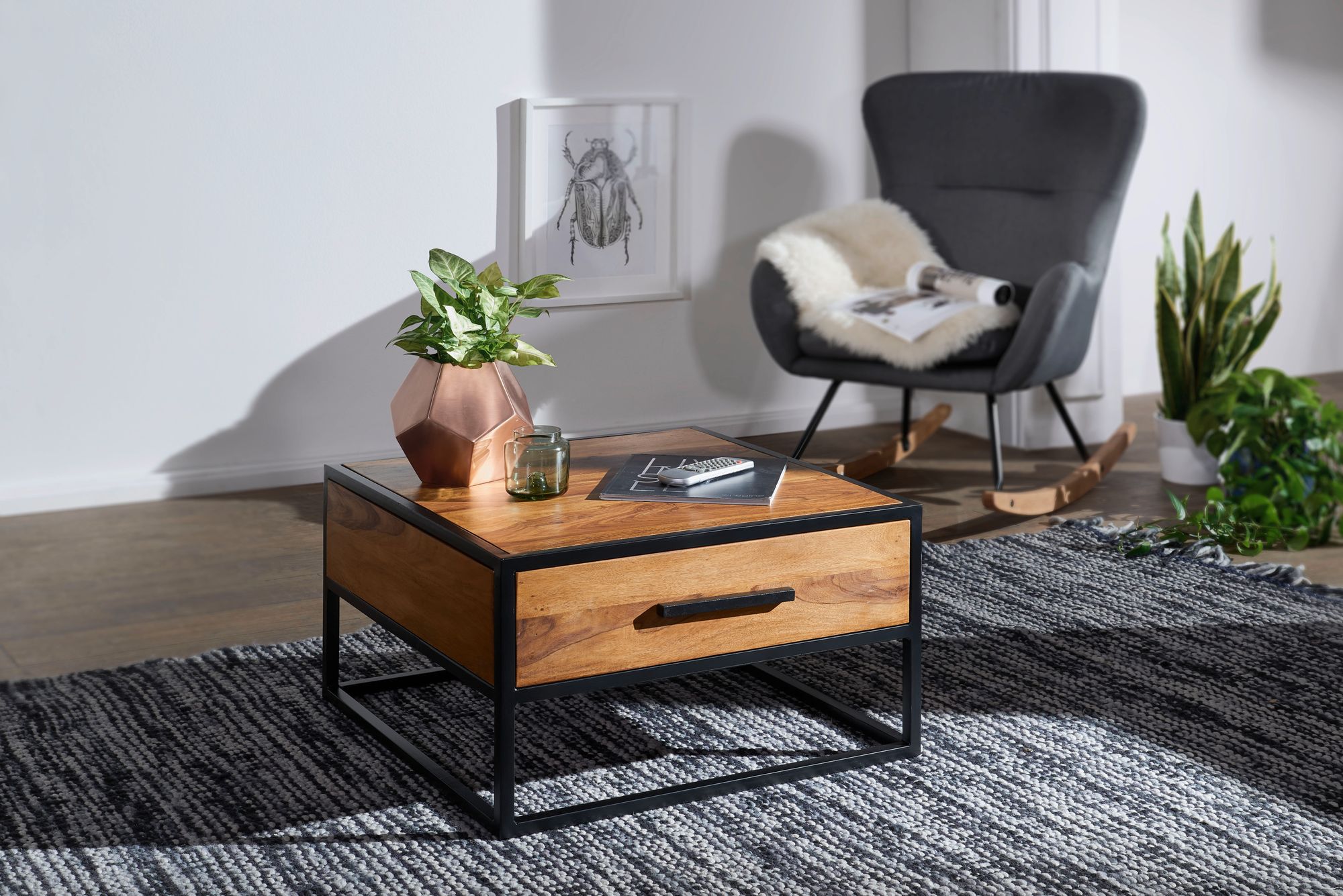 Couchtisch FineBuy Wohnzimmertisch Holz Massiv Sofatisch Tisch Schublade Braun – Ansicht 2
