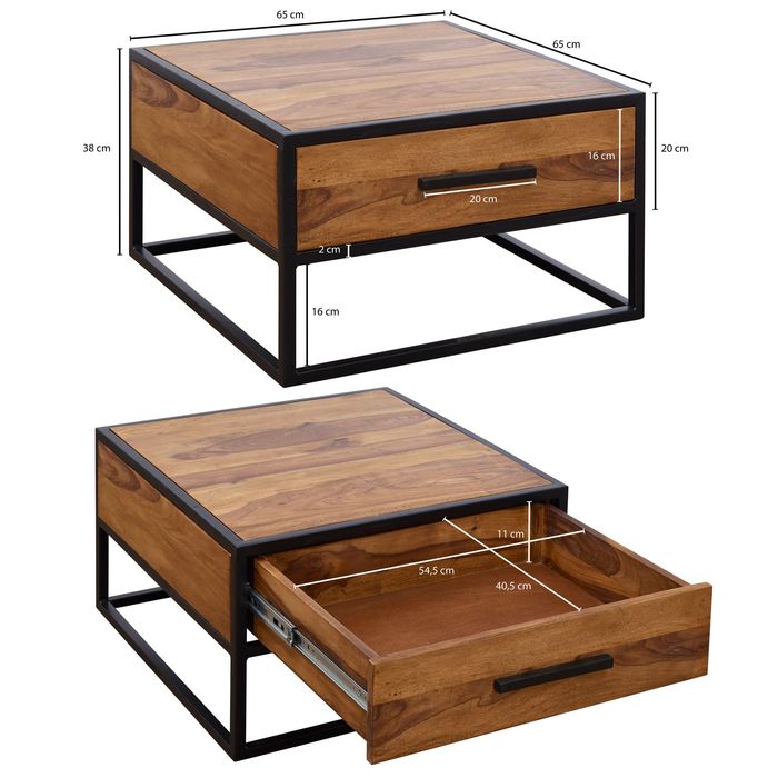 Couchtisch FineBuy Wohnzimmertisch Holz Massiv Sofatisch Tisch Schublade Braun – Maßzeichnung
