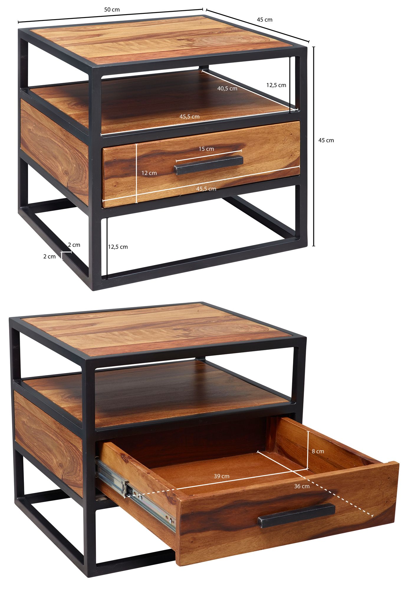 Nachtkonsole Sheesham Massivholz Schublade Nachttisch Industrial Nachtkästchen – Ansicht 3