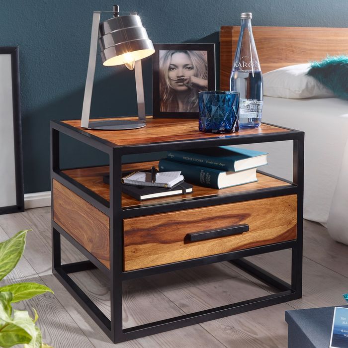 FineBuy Nachtkonsole FB51418 Sheesham Holz 50 x 45 x 45 cm Metall schwarz Nachttisch, Nachtkästchen mit Schublade Industrial Design, Industrie Nachtkommode Bett, Nachtschrank Nachtkasten braun 4250950287167