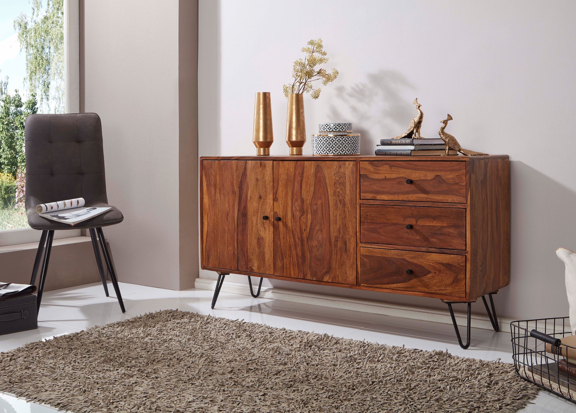 Massivholz Sideboard 145cm Sheesham Natur Kommode mit 2 Türen & 3 Schubladen modernes Design – Ansicht 4