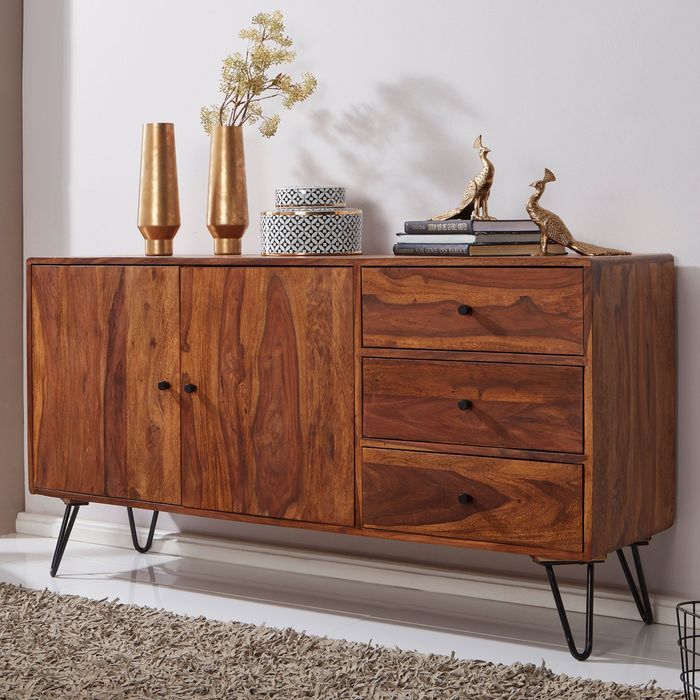 Massivholz Sideboard 145cm Sheesham Natur Kommode mit 2 Türen & 3 Schubladen modernes Design
