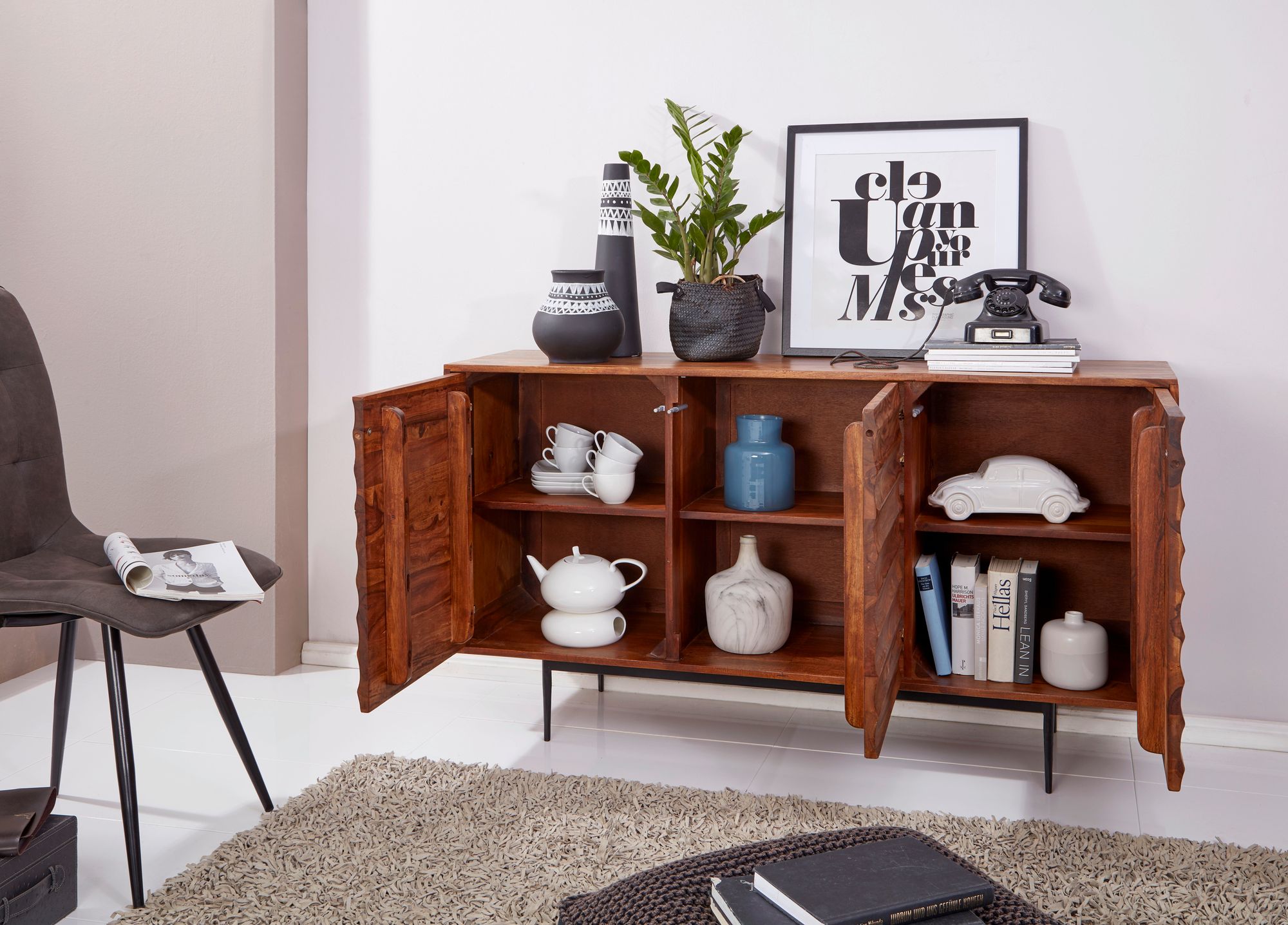 Massivholz Sideboard 150cm Sheesham Kommode mit 3 Türen 3D Design Metall schwarz – Ansicht 2