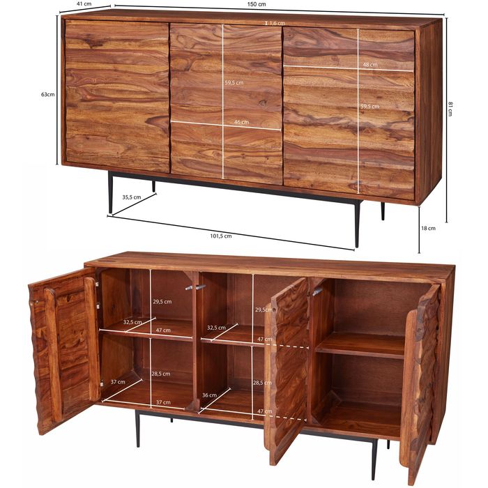 Massivholz Sideboard 150cm Sheesham Kommode mit 3 Türen 3D Design Metall schwarz – Maßzeichnung