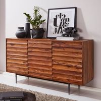 Massivholz Sideboard 150cm Sheesham Kommode mit 3 Türen 3D Design Metall schwarz – Ansicht 1