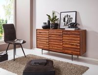 Massivholz Sideboard 150cm Sheesham Kommode mit 3 Türen 3D Design Metall schwarz – Ansicht 4