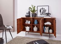 Massivholz Sideboard 150cm Sheesham Kommode mit 3 Türen 3D Design Metall schwarz – Ansicht 2