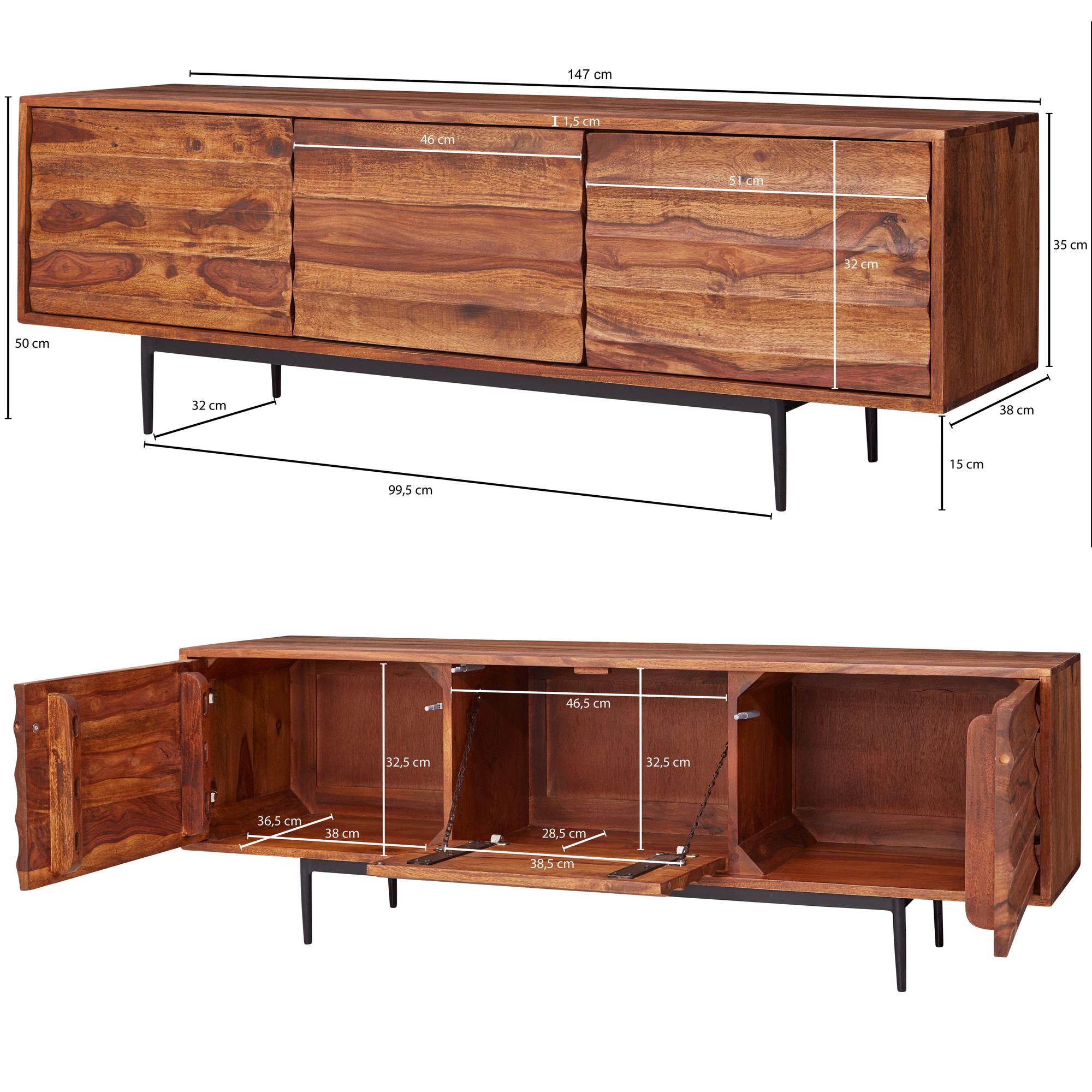 Massives TV-Board 150 cm Sheesham Massivholz Fernsehschrank mit 3 Türen Lowboard – Ansicht 3