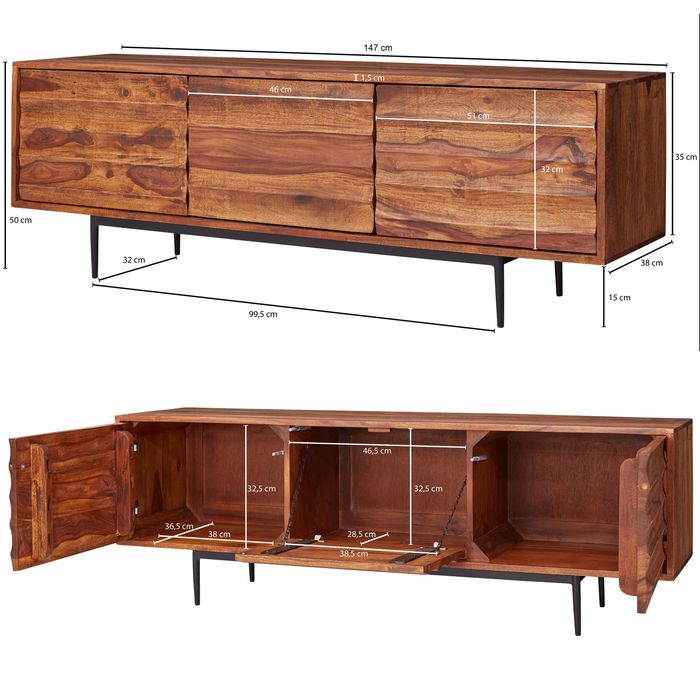 Massives TV-Board 150 cm Sheesham Massivholz Fernsehschrank mit 3 Türen Lowboard – Maßzeichnung