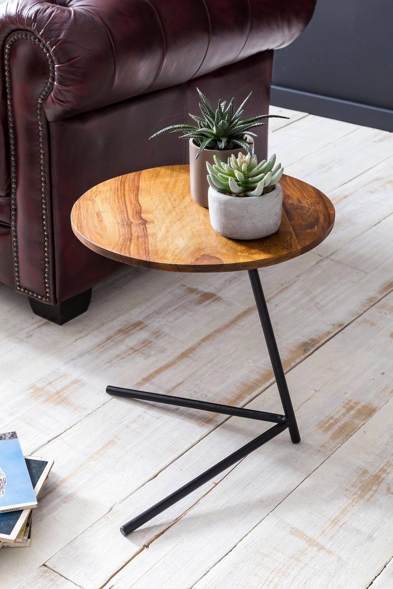 FineBuy Design Beistelltisch Ø 40 cm Couchtisch Sheesham Massivholz Metall – Ansicht 5