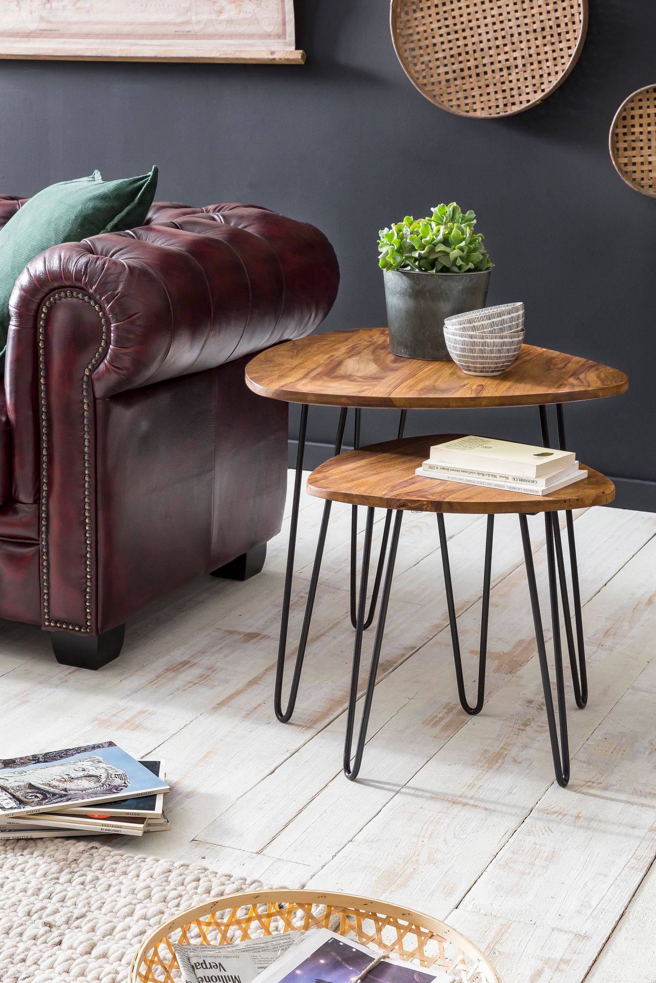 FineBuy 2er Set Beistelltisch FB51455 Sheesham Holz Metall Wohnzimmer Couchtisch – Ansicht 2