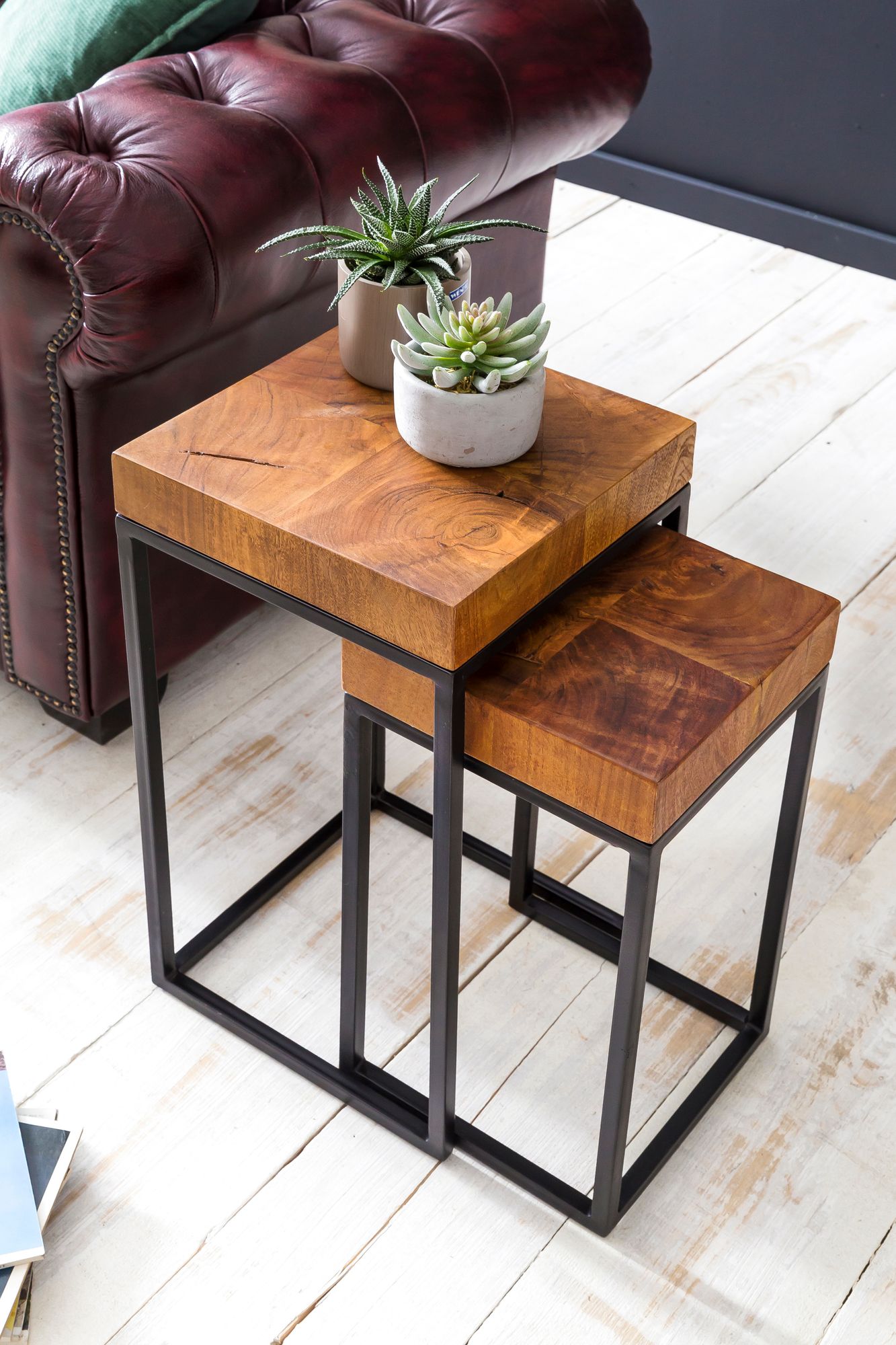 FineBuy 2er Set Beistelltisch FB51457 Sheesham Holz Metall Tisch Couchtisch – Ansicht 5