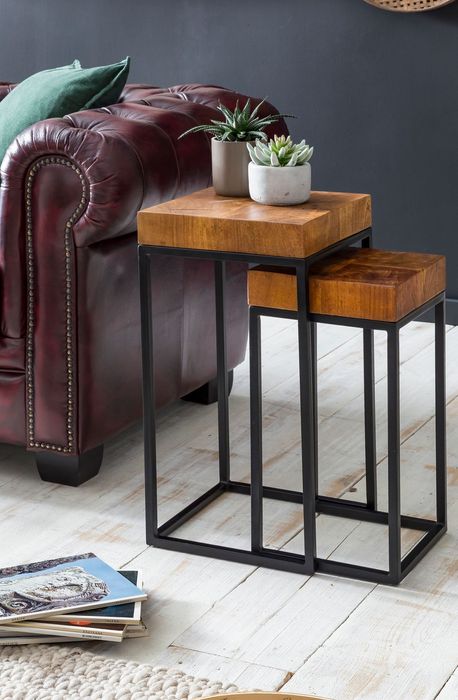 FineBuy Design Satztisch FB51457 Sheesham Metall Beistelltisch 2er Set klein, Couchtisch Set 2 Holz Tische, Massivholz Wohnzimmertisch Metallgestell, Schmaler Sofatisch Ablagetisch 4250950287402