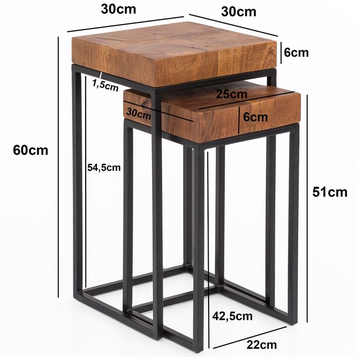 FineBuy 2er Set Beistelltisch FB51457 Sheesham Holz Metall Tisch Couchtisch – Maßzeichnung