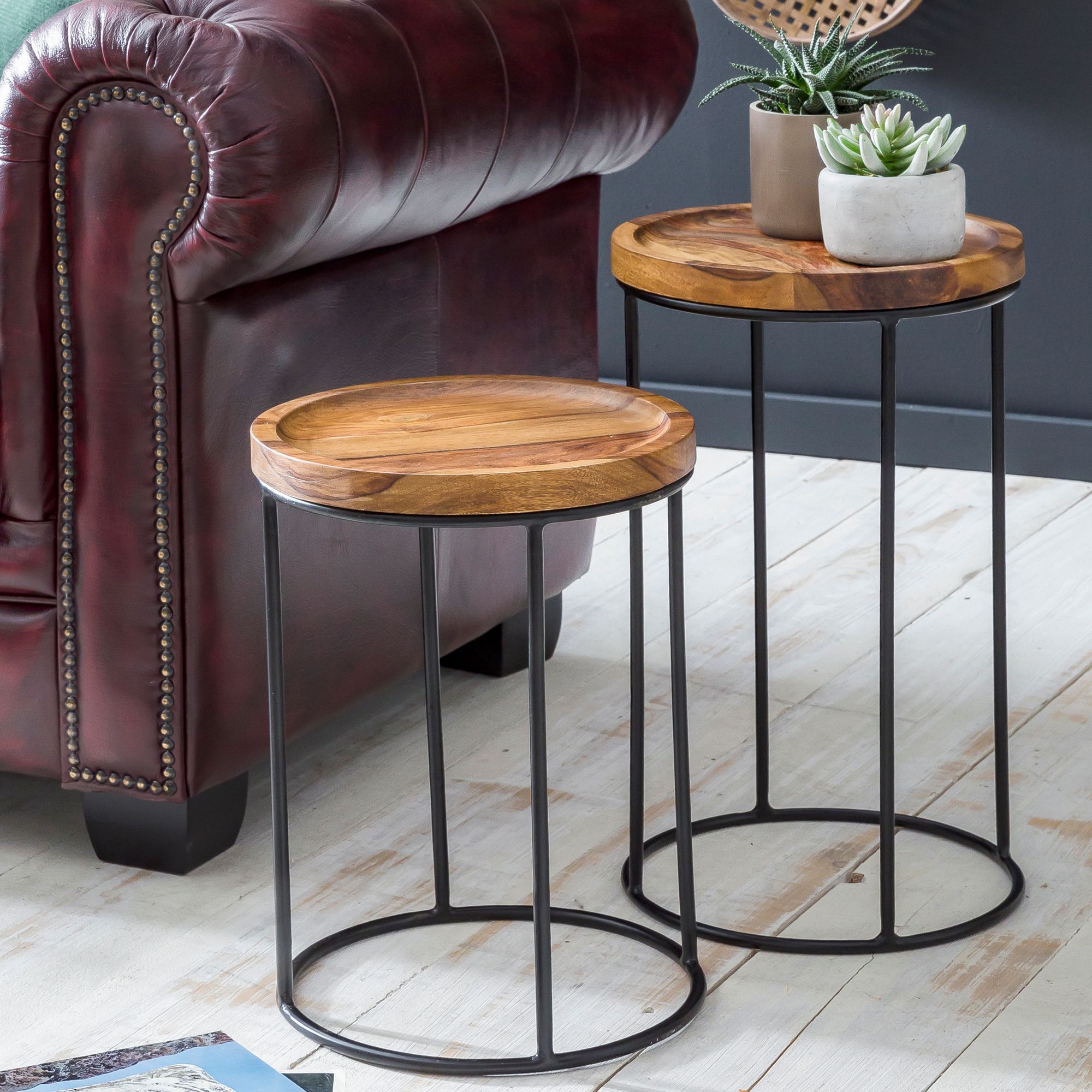 FineBuy 2er Set Beistelltische FB51458 Sheesham Holz Metall Tisch Couchtisch – Ansicht 1