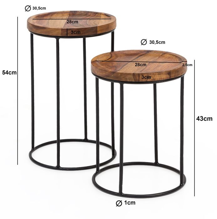 FineBuy 2er Set Beistelltische FB51458 Sheesham Holz Metall Tisch Couchtisch – Maßzeichnung