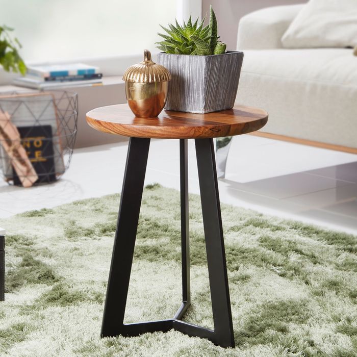 FineBuy Beistelltisch SV51462 Sheesham Holz Metall Couchtisch, Industrial Style Echtholz Hocker Wohnzimmer, Holztisch Sofatisch Metallbeine, Anstelltisch Dekotisch Rosenholz 17821