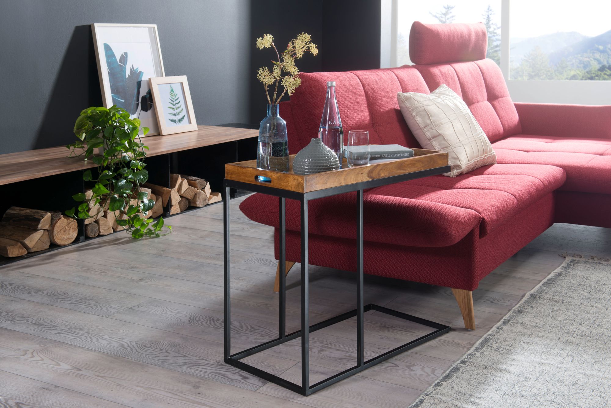 FineBuy Beistelltisch Sheesham massiv Holz Tabletttisch Abstelltisch Holz Metall – Ansicht 2