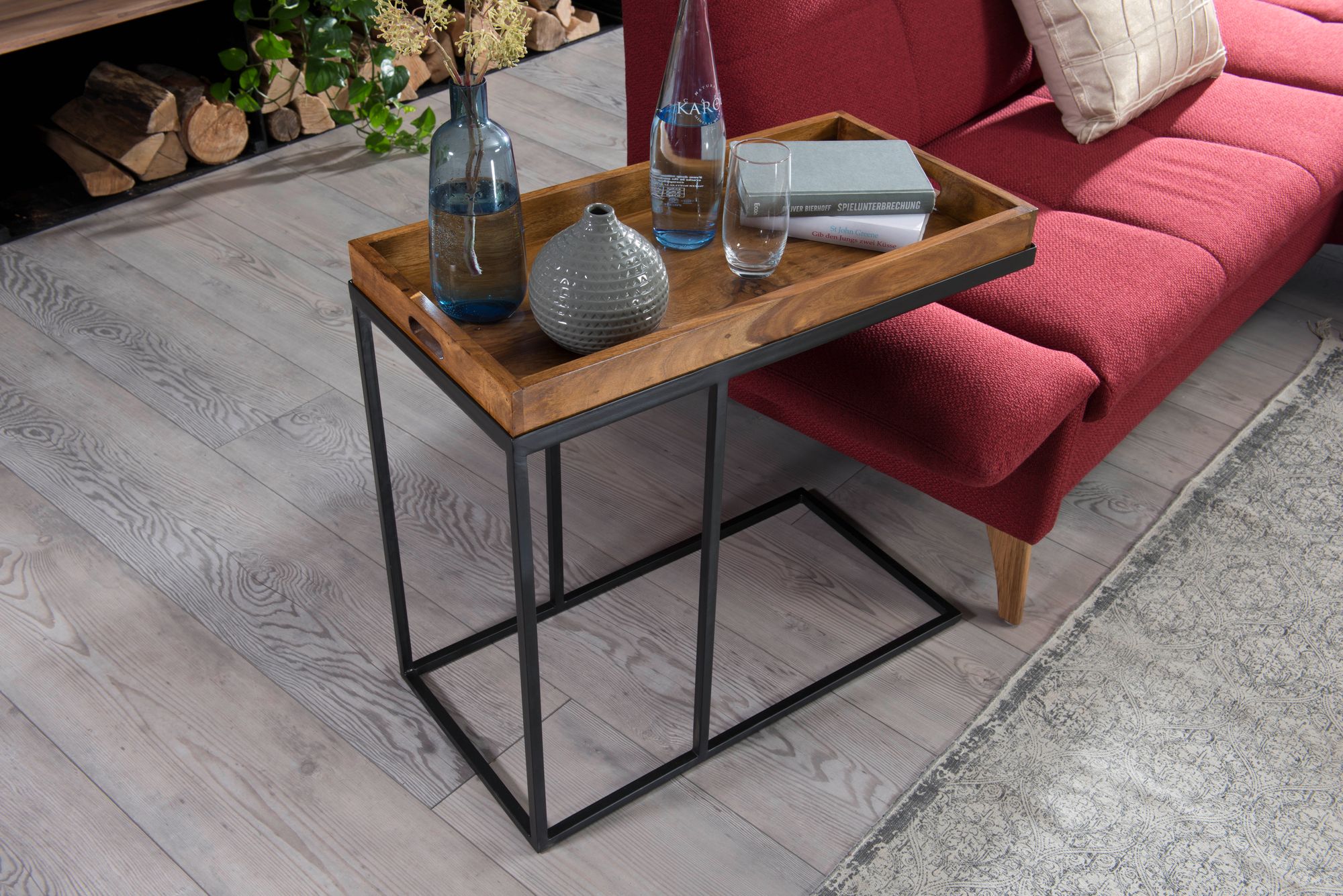 FineBuy Beistelltisch Sheesham massiv Holz Tabletttisch Abstelltisch Holz Metall – Ansicht 4