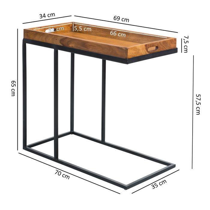 FineBuy Beistelltisch Sheesham massiv Holz Tabletttisch Abstelltisch Holz Metall – Maßzeichnung