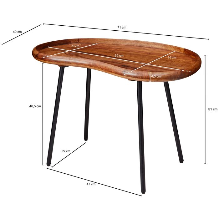 FineBuy Couchtisch SV51466 Sheesham Tisch mit Metallbeinen Retro Sofatisch klein – Maßzeichnung