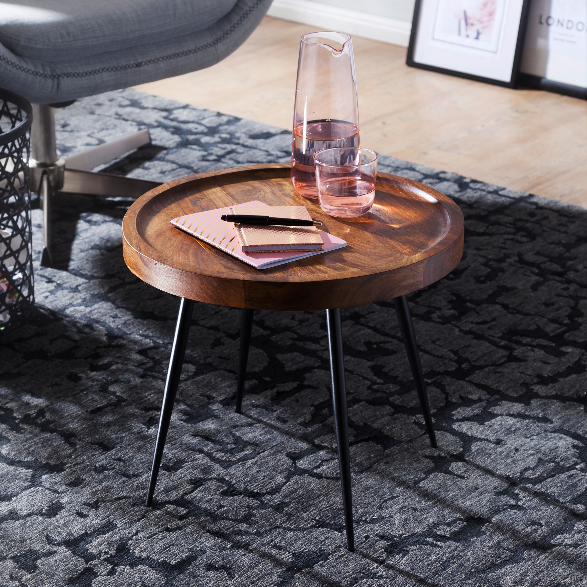 FineBuy Beistelltisch rund 46x40x46cm Sheesham massiv Holz Metall Couchtisch – Ansicht 1
