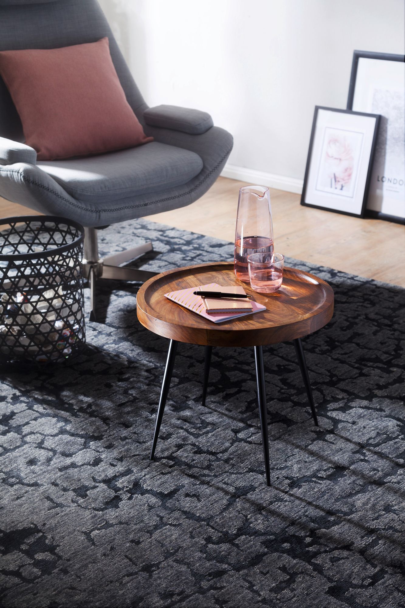 FineBuy Beistelltisch rund 46x40x46cm Sheesham massiv Holz Metall Couchtisch – Ansicht 3