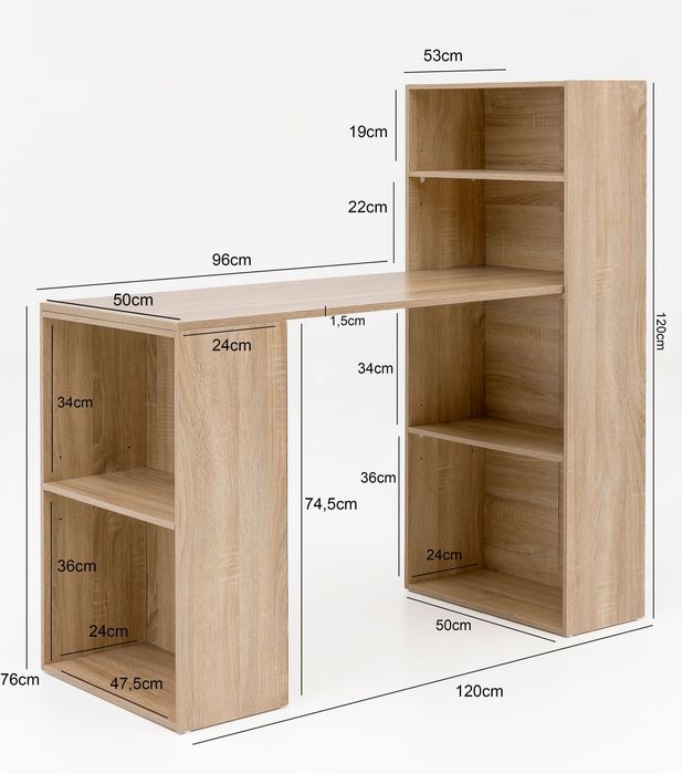 FineBuy Schreibtisch mit Regal 120x120x53 cm Holz Modern Bürotisch PC Tisch – Maßzeichnung